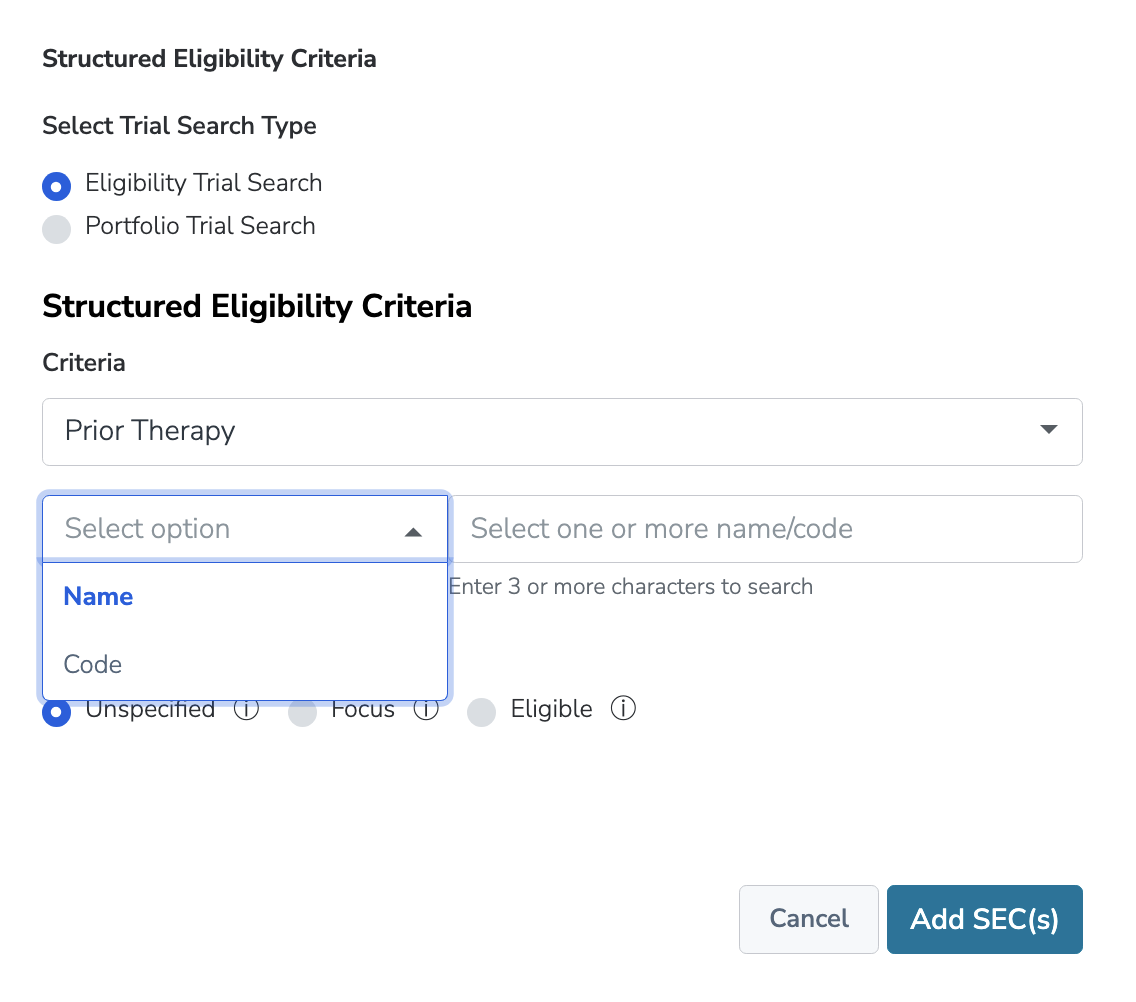 Filter: Eligibility Critera, Code and Name Input