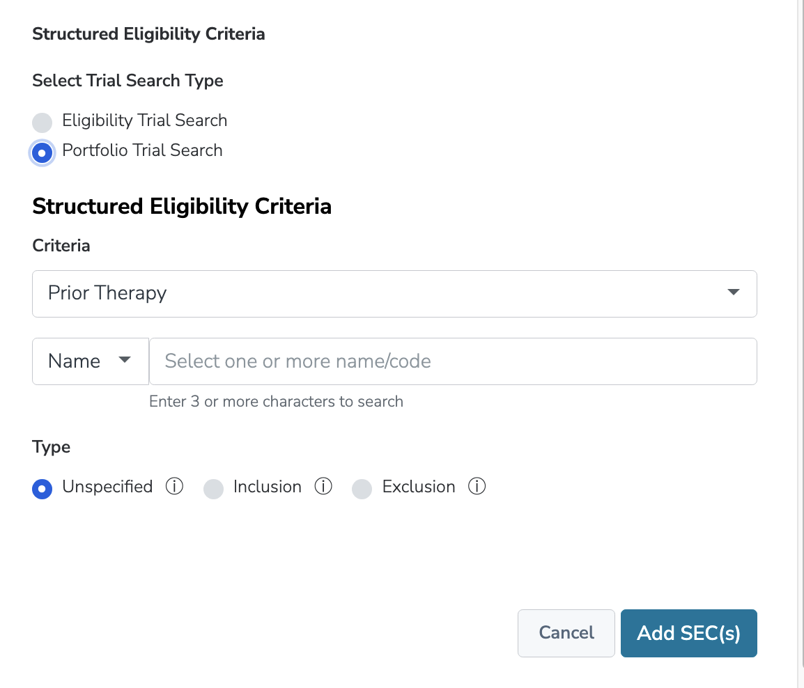 Filter: Eligibility Critera, Trial Search Type