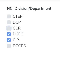Filter: NCI Division/Department, Clear Selection