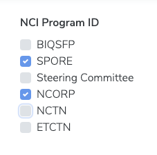 Filter: NCI Program ID, Clear Selection