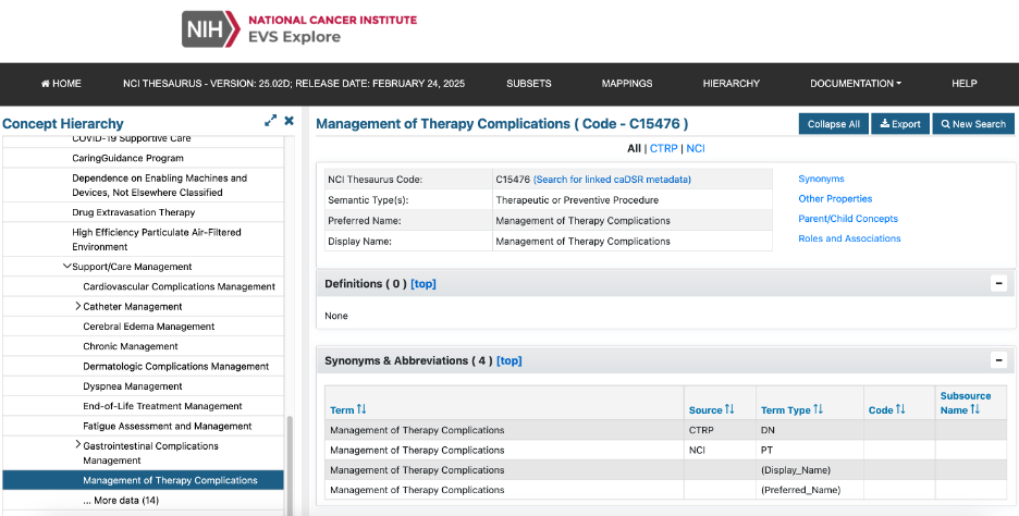 Study landing page: Interventions, EVS Browser Tab