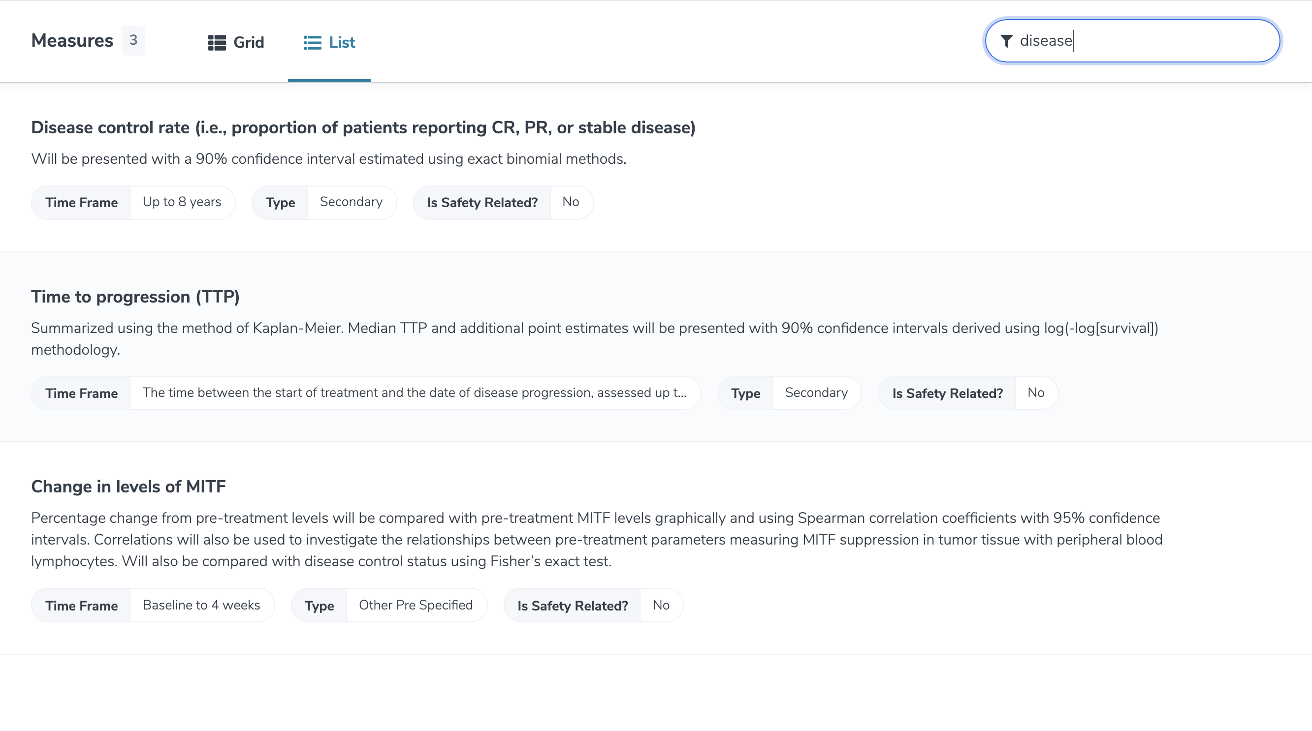 Study landing page: Measures, List View, Filtered